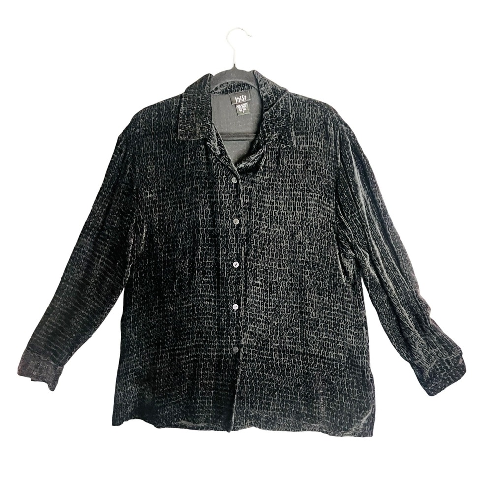 Eileen Fisher Button Down Shirt Womens M Black Silk Blend Velvet Burnout Devore